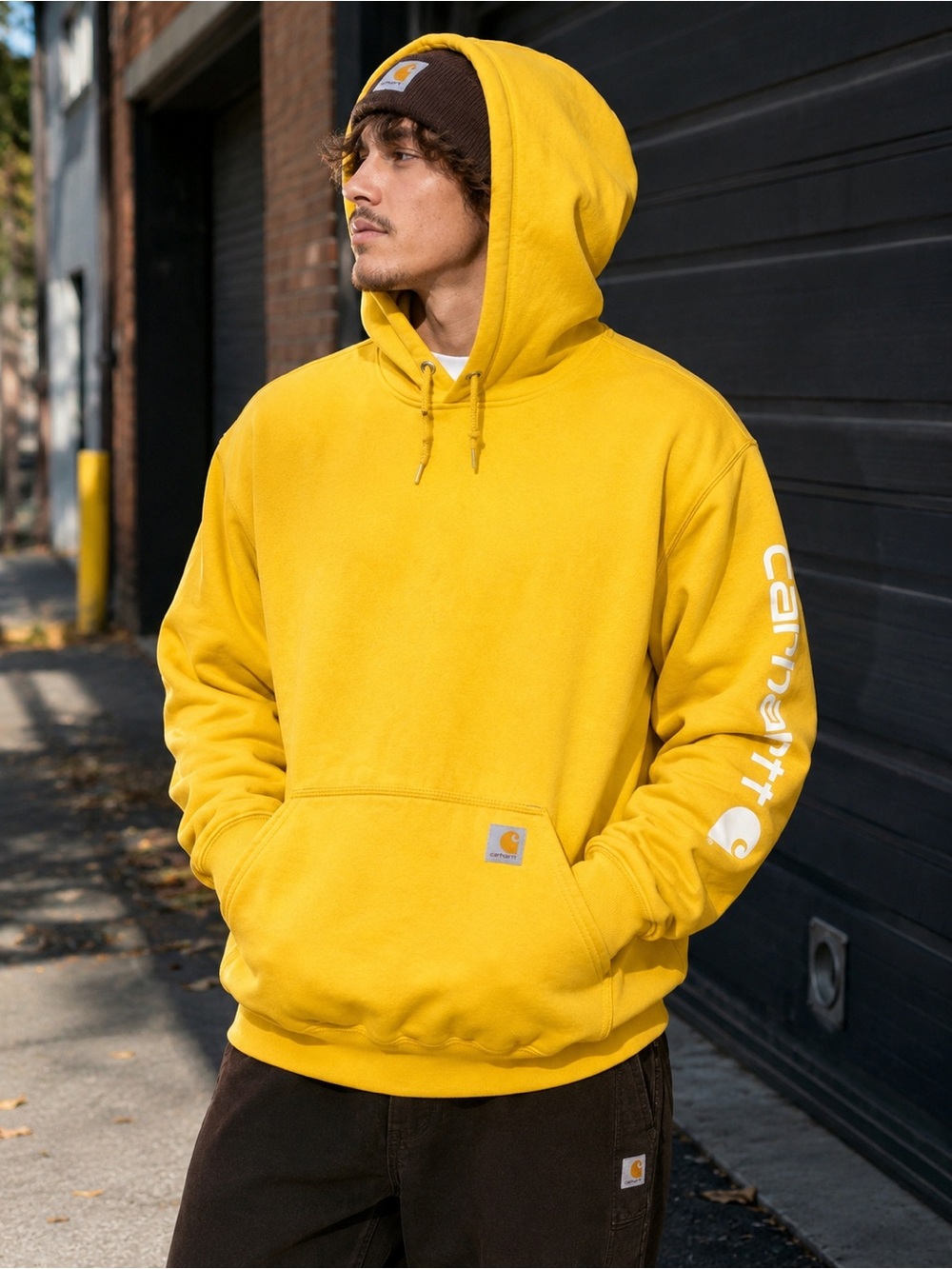 Carhartt K288 Yellow Logo Sleeve Loose Fit Midweight Pullover Hoodie Men’s S